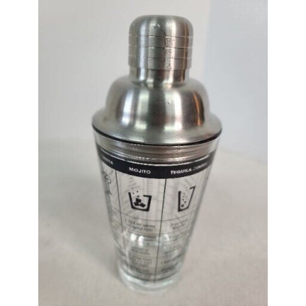 Cocktail Shaker - 12oz Glass w 7 Blk Recipes-  Brushed Stainless Steel Top